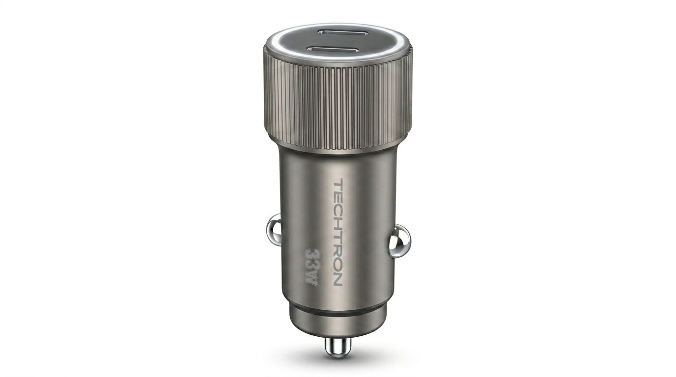smart tech store Canada. premium tech accessories Canada. Techtron C-858 33W Dual USB-C Fast Car Adapter. Gallery image 3. Lines name one specific SKU—never substitute a generic lookalike from the category. After review passes, each render should still read as a fresh studio viewpoint of that same physical unit.