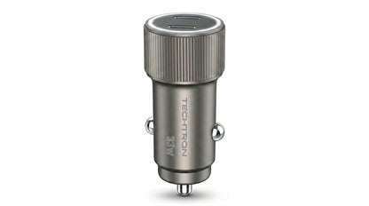 smart tech store Canada. premium tech accessories Canada. Techtron C-858 33W Dual USB-C Fast Car Adapter. Gallery image 3. Lines name one specific SKU—never substitute a generic lookalike from the category. After review passes, each render should still read as a fresh studio viewpoint of that same physical unit.
