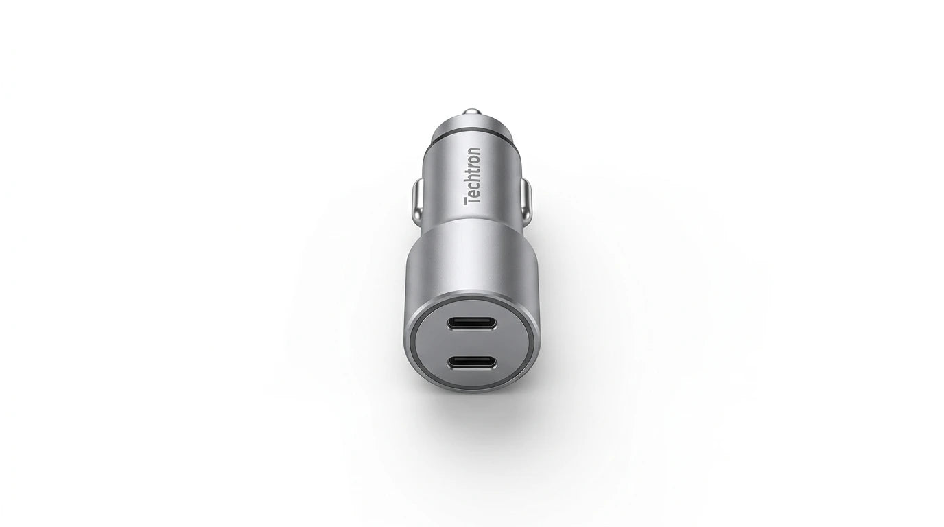 smart tech store Canada. premium tech accessories Canada. Techtron C-858 33W Dual USB-C Fast Car Adapter. Gallery image 4. Lines name one specific SKU—never substitute a generic lookalike from the category. After review passes, each render should still read as a fresh studio viewpoint of that same physical unit.