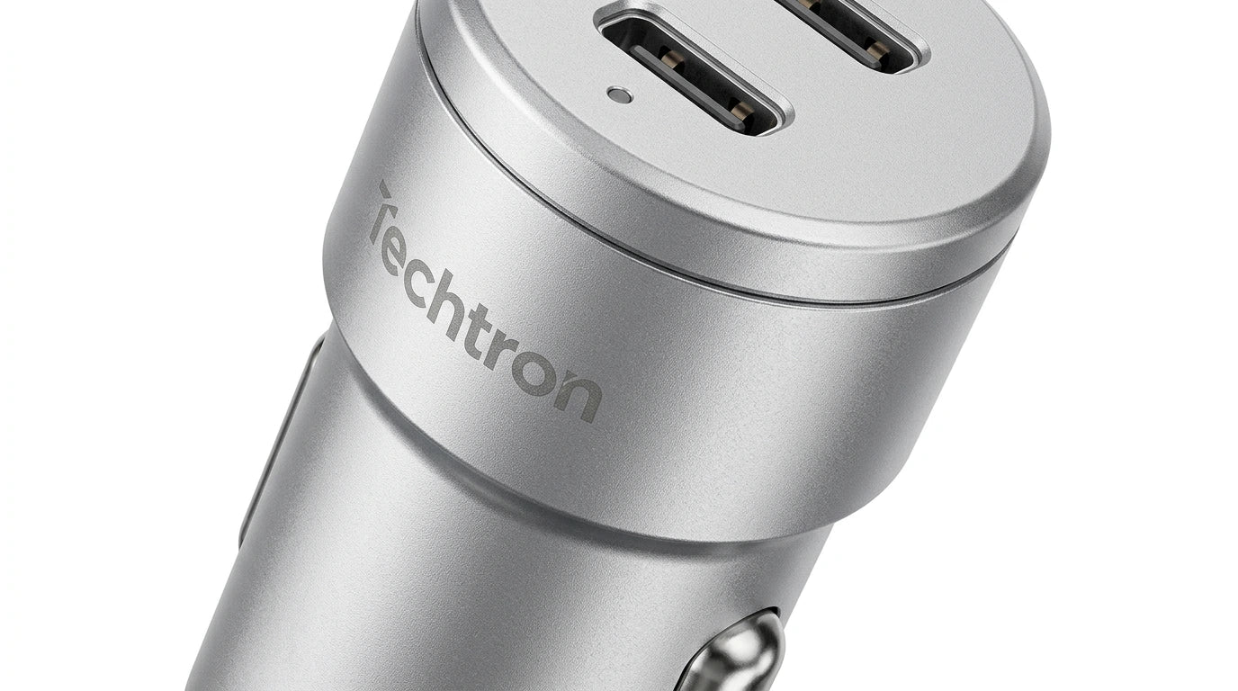 smart tech store Canada. premium tech accessories Canada. Techtron C-858 33W Dual USB-C Fast Car Adapter. Gallery image 5. Lines name one specific SKU—never substitute a generic lookalike from the category. After review passes, each render should still read as a fresh studio viewpoint of that same physical unit.