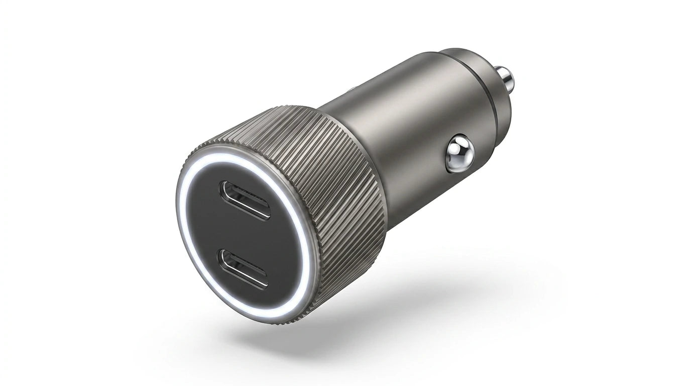 smart tech store Canada. premium tech accessories Canada. Techtron C-858 33W Dual USB-C Fast Car Adapter. Gallery image 6. Lines name one specific SKU—never substitute a generic lookalike from the category. After review passes, each render should still read as a fresh studio viewpoint of that same physical unit.