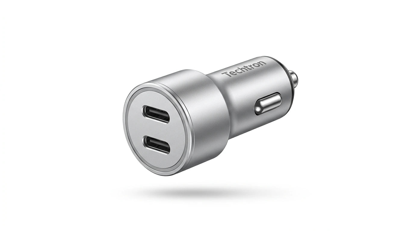 smart tech store Canada. premium tech accessories Canada. Techtron C-858 33W Dual USB-C Fast Car Adapter. Gallery image 7. Lines name one specific SKU—never substitute a generic lookalike from the category. After review passes, each render should still read as a fresh studio viewpoint of that same physical unit.