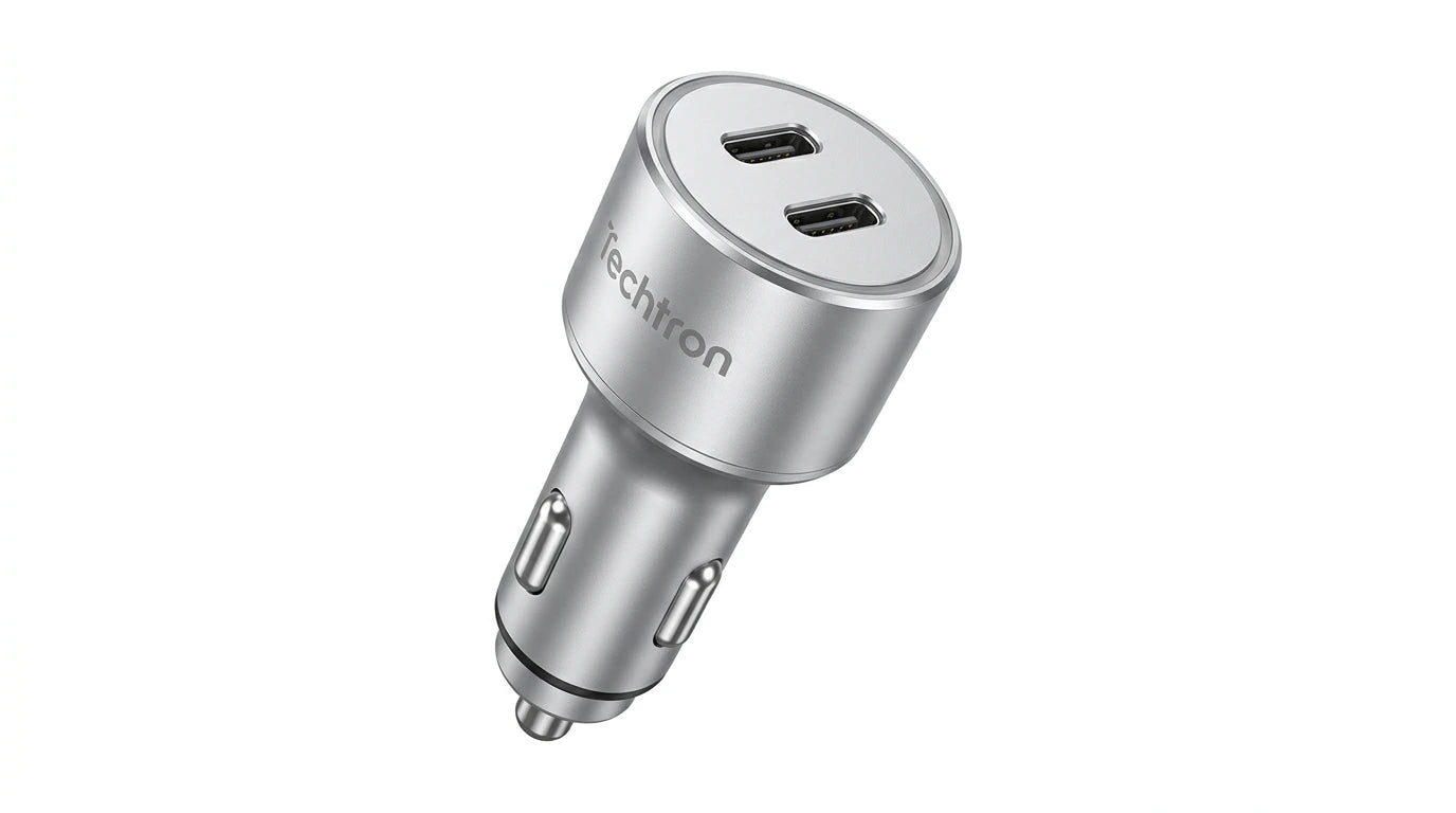 smart tech store Canada. premium tech accessories Canada. Techtron C-858 33W Dual USB-C Fast Car Adapter. Gallery image 8. Lines name one specific SKU—never substitute a generic lookalike from the category. After review passes, each render should still read as a fresh studio viewpoint of that same physical unit.