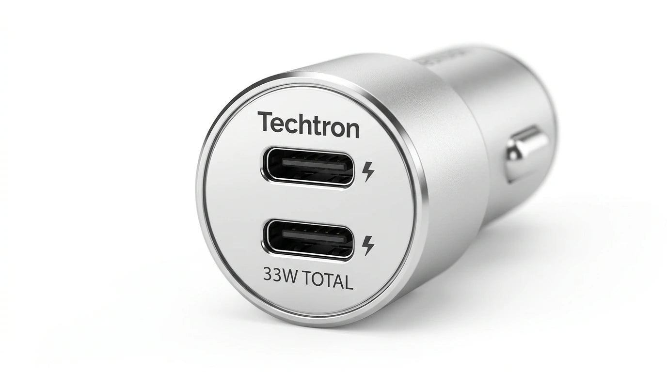 smart tech store Canada. premium tech accessories Canada. Techtron C-858 33W Dual USB-C Fast Car Adapter. Gallery image 9. Lines name one specific SKU—never substitute a generic lookalike from the category. After review passes, each render should still read as a fresh studio viewpoint of that same physical unit.