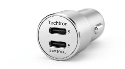 smart tech store Canada. premium tech accessories Canada. Techtron C-858 33W Dual USB-C Fast Car Adapter. Gallery image 9. Lines name one specific SKU—never substitute a generic lookalike from the category. After review passes, each render should still read as a fresh studio viewpoint of that same physical unit.