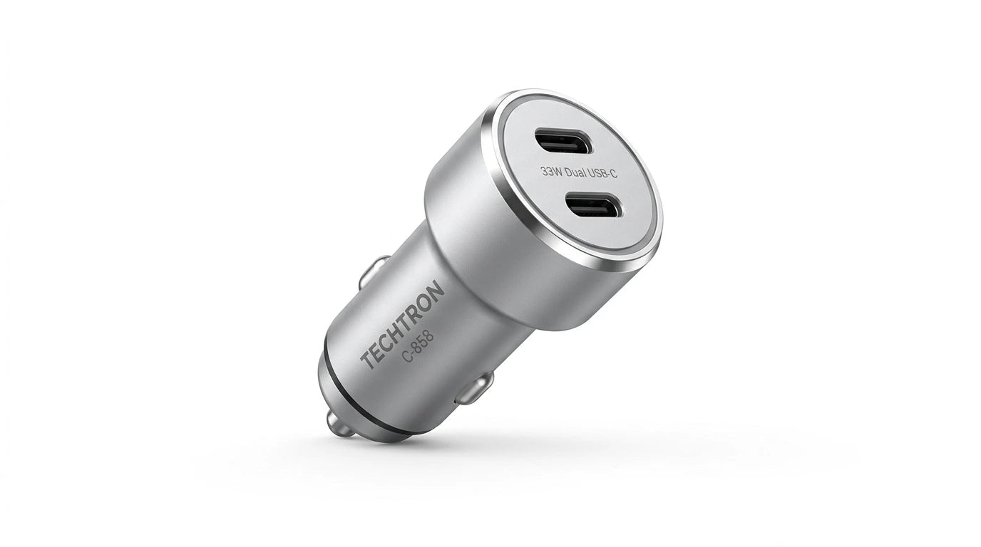 smart tech store Canada. premium tech accessories Canada. Techtron C-858 33W Dual USB-C Fast Car Adapter. Gallery image 10. Lines name one specific SKU—never substitute a generic lookalike from the category. After review passes, each render should still read as a fresh studio viewpoint of that same physical unit.