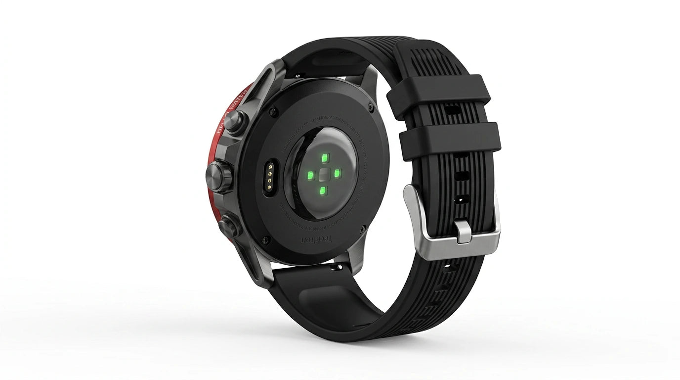 future tech gadgets Canada. smart tech store Canada. Techtron FAMO51 Fashion Smart Watch. Gallery image 6. The image shows a fitness smartwatch positioned at a slight angle, revealing its back side. The watch features a black rubber strap with textured grooves and a silver metal buckle. On the back, there are four green sensors illuminated against a glossy black surface, surrounded by a circular casing. The background is a seamless white, enhancing the watch's details and colors.