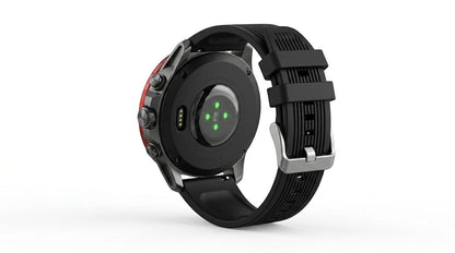 future tech gadgets Canada. smart tech store Canada. Techtron FAMO51 Fashion Smart Watch. Gallery image 6. The image shows a fitness smartwatch positioned at a slight angle, revealing its back side. The watch features a black rubber strap with textured grooves and a silver metal buckle. On the back, there are four green sensors illuminated against a glossy black surface, surrounded by a circular casing. The background is a seamless white, enhancing the watch's details and colors.