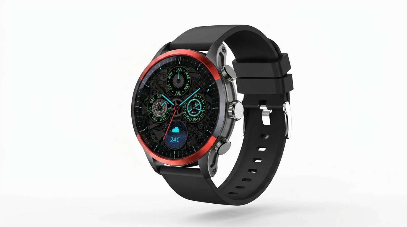 future tech gadgets Canada. smart tech store Canada. Techtron FAMO51 Fashion Smart Watch. Gallery image 7. The smartwatch is positioned at a slight angle, showcasing its round face and black silicone strap. The watch features a glossy black dial with colorful accents, including a red bezel and vibrant blue and green details on the watch face. Two metallic buttons are visible on the right side of the watch, and the display shows a temperature of 24°C along with various icons and day indicators.