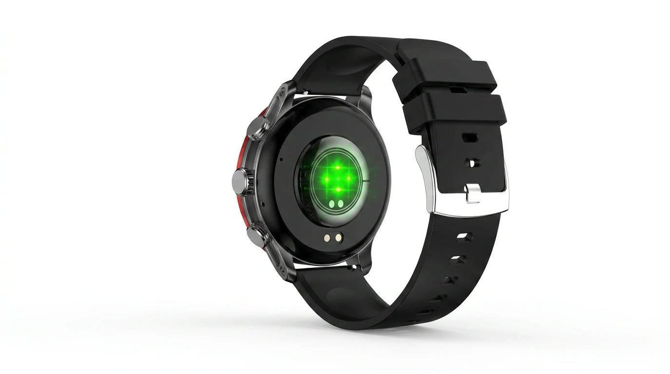 future tech gadgets Canada. smart tech store Canada. Techtron FAMO51 Fashion Smart Watch. Gallery image 8. The image shows the back of a smartwatch positioned at an angle against a seamless white background. The watch features a black body with a glossy finish and a contrasting red accent on the side. A circular sensor with a green light is visible in the center, surrounded by a metallic ring. The strap is made of matte black rubber, secured with a silver buckle.