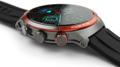 future tech gadgets Canada. smart tech store Canada. Techtron FAMO51 Fashion Smart Watch. Gallery image 9. The watch is positioned at a slight angle, showcasing its round face and side profile. The bezel features a glossy orange trim, contrasting with the matte black rubber strap and the brushed silver case. The watch face is dark with luminous green and blue accents, displaying various dials and a prominent "HELLO WATCH" label in white.