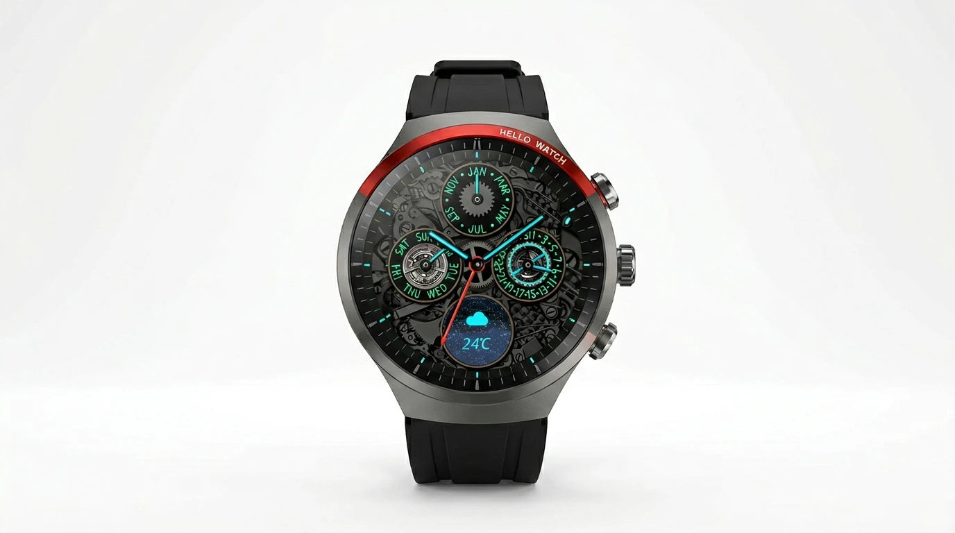 future tech gadgets Canada. smart tech store Canada. Techtron FAMO51 Fashion Smart Watch. Gallery image 10. The watch is centered in the frame against a seamless white background, showcasing its sleek design. The round face features a black dial with intricate patterns, highlighted by bright green and red accents. Three sub-dials display the day, month, and time, while a digital readout shows the temperature at 24°C.