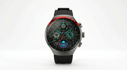 future tech gadgets Canada. smart tech store Canada. Techtron FAMO51 Fashion Smart Watch. Gallery image 10. The watch is centered in the frame against a seamless white background, showcasing its sleek design. The round face features a black dial with intricate patterns, highlighted by bright green and red accents. Three sub-dials display the day, month, and time, while a digital readout shows the temperature at 24°C.