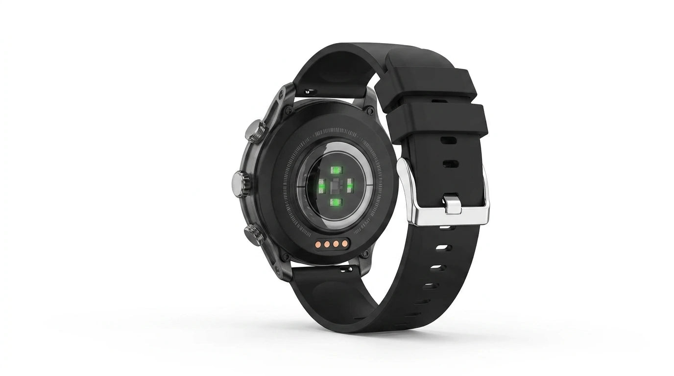 future tech gadgets Canada. smart tech store Canada. Techtron FAMO63 Fashion Smart Watch. Gallery image 6. The image shows a black smartwatch viewed from the back, angled slightly to the right. The watch features a smooth, circular case with a glossy finish, and a silicone strap that is matte and textured. On the back, there are multiple sensors highlighted in green, along with three small metal contacts for charging. The background is a seamless white, providing a clean contrast to the watch.