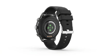 future tech gadgets Canada. smart tech store Canada. Techtron FAMO63 Fashion Smart Watch. Gallery image 6. The image shows a black smartwatch viewed from the back, angled slightly to the right. The watch features a smooth, circular case with a glossy finish, and a silicone strap that is matte and textured. On the back, there are multiple sensors highlighted in green, along with three small metal contacts for charging. The background is a seamless white, providing a clean contrast to the watch.