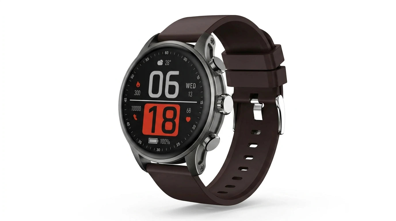 future tech gadgets Canada. smart tech store Canada. Techtron FAMO63 Fashion Smart Watch. Gallery image 7. The watch is positioned at a slight angle, showcasing its round face and dark display. The screen features a black background with white and red digital readouts, including the time, date, and various fitness metrics. The watch has a metallic bezel and a matte, dark brown silicone strap that wraps around the wrist.