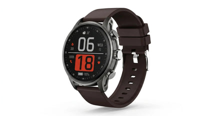 future tech gadgets Canada. smart tech store Canada. Techtron FAMO63 Fashion Smart Watch. Gallery image 7. The watch is positioned at a slight angle, showcasing its round face and dark display. The screen features a black background with white and red digital readouts, including the time, date, and various fitness metrics. The watch has a metallic bezel and a matte, dark brown silicone strap that wraps around the wrist.