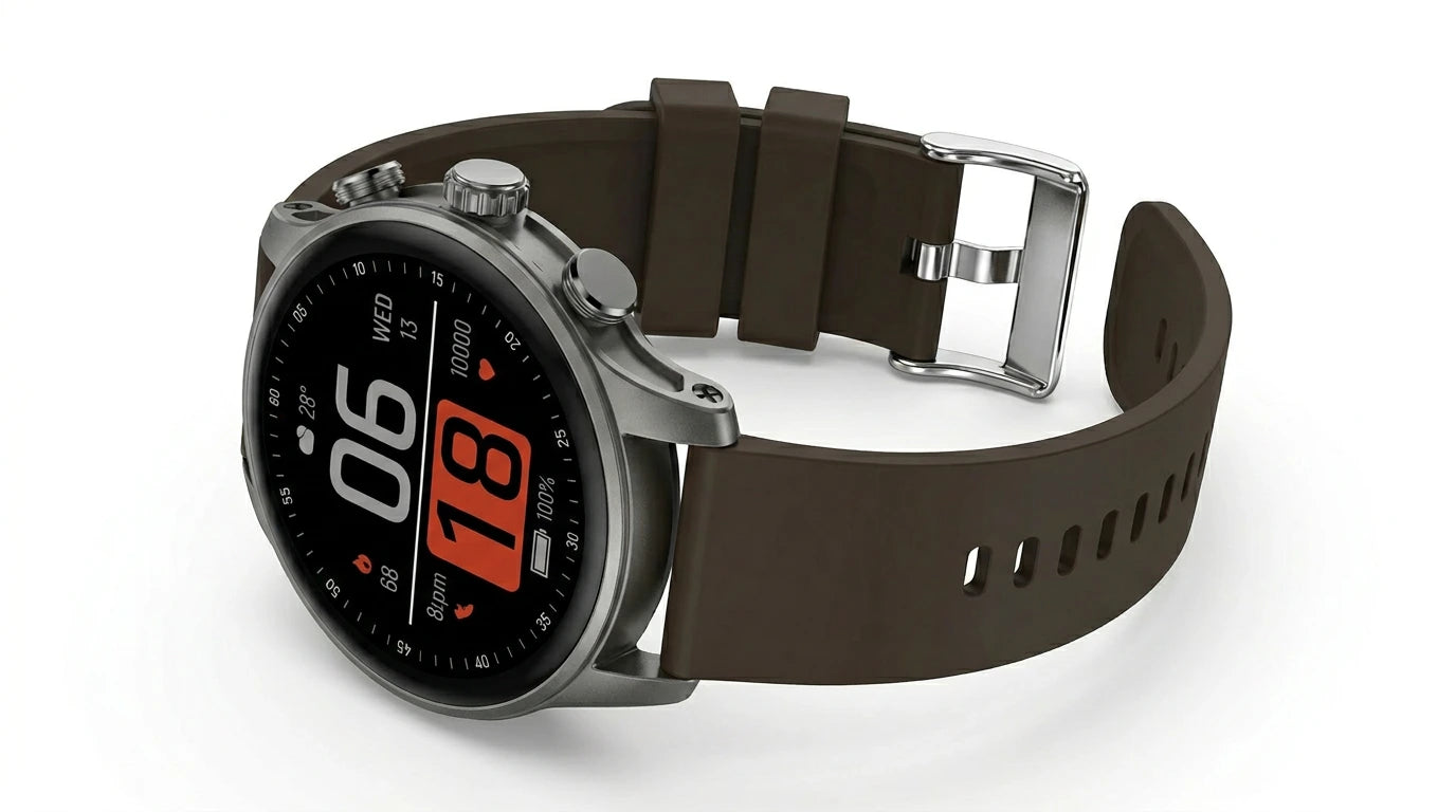future tech gadgets Canada. smart tech store Canada. Techtron FAMO63 Fashion Smart Watch. Gallery image 8. The smartwatch is positioned at a slight angle, showcasing its round face and brown silicone strap. The screen displays the time, date, and various health metrics in bold white and orange text against a black background. The watch features a silver metal bezel and buttons on the side, adding a sleek contrast to the strap.