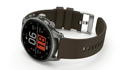 future tech gadgets Canada. smart tech store Canada. Techtron FAMO63 Fashion Smart Watch. Gallery image 8. The smartwatch is positioned at a slight angle, showcasing its round face and brown silicone strap. The screen displays the time, date, and various health metrics in bold white and orange text against a black background. The watch features a silver metal bezel and buttons on the side, adding a sleek contrast to the strap.