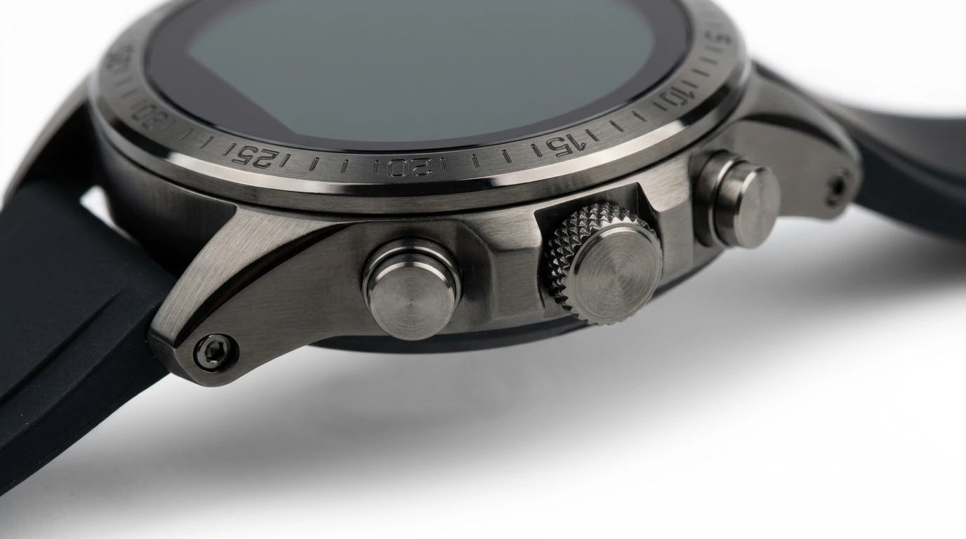 future tech gadgets Canada. smart tech store Canada. Techtron FAMO63 Fashion Smart Watch. Gallery image 9. The image shows a close-up view of a smartwatch angled slightly to the right. The watch features a matte black silicone strap and a metallic silver case with a brushed finish. Prominent on the right side are two buttons and a textured crown, which adds a tactile element. The watch face is dark and reflective, with a subtle bezel marked with numbers.