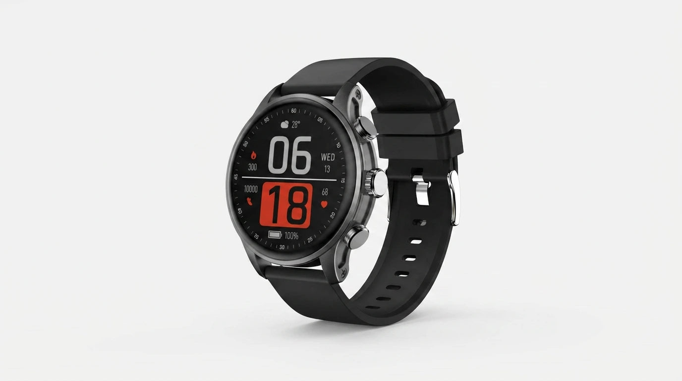future tech gadgets Canada. smart tech store Canada. Techtron FAMO63 Fashion Smart Watch. Gallery image 10. The smartwatch is positioned at a slight angle, showcasing its round face and black silicone strap. The display features a dark background with bright red and white numbers indicating the date, time, and battery level. The watch case is metallic with a polished finish, reflecting light subtly. Three buttons are visible on the right side of the watch, enhancing its functionality.