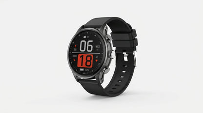 future tech gadgets Canada. smart tech store Canada. Techtron FAMO63 Fashion Smart Watch. Gallery image 10. The smartwatch is positioned at a slight angle, showcasing its round face and black silicone strap. The display features a dark background with bright red and white numbers indicating the date, time, and battery level. The watch case is metallic with a polished finish, reflecting light subtly. Three buttons are visible on the right side of the watch, enhancing its functionality.
