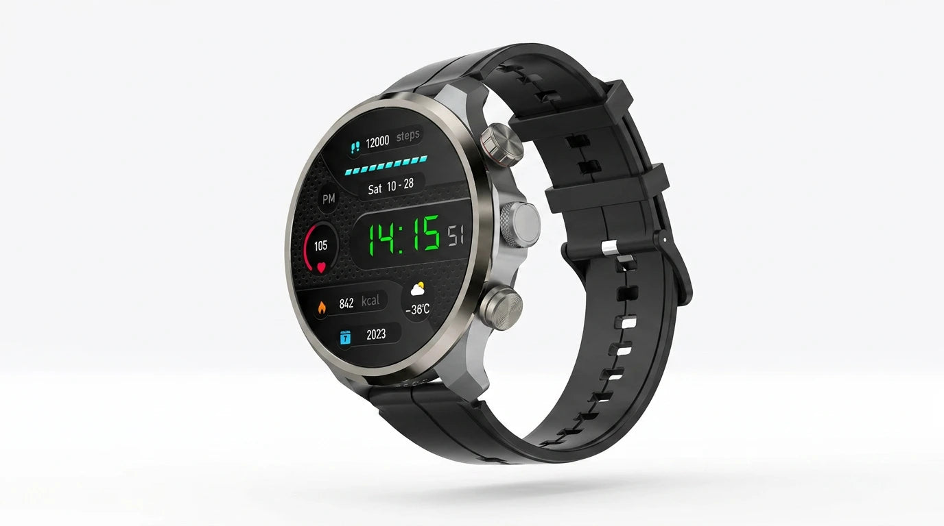 future tech gadgets Canada. smart tech store Canada. Techtron FWA24 4G Android Smart Watch. Gallery image 7. Lines name one specific SKU—never substitute a generic lookalike from the category. After review passes, each render should still read as a fresh studio viewpoint of that same physical unit.