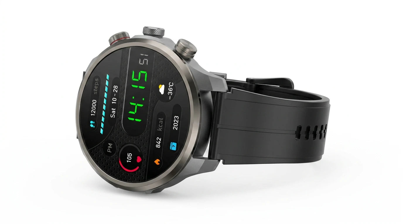 future tech gadgets Canada. smart tech store Canada. Techtron FWA24 4G Android Smart Watch. Gallery image 8. Lines name one specific SKU—never substitute a generic lookalike from the category. After review passes, each render should still read as a fresh studio viewpoint of that same physical unit.
