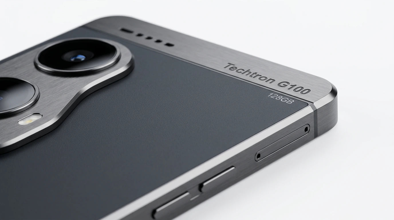 future tech gadgets Canada. smart tech store Canada. Techtron G100 128GB Smart Phone. Gallery image 5. Lines name one specific SKU—never substitute a generic lookalike from the category. After review passes, each render should still read as a fresh studio viewpoint of that same physical unit.