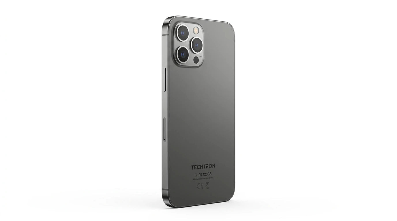 future tech gadgets Canada. smart tech store Canada. Techtron G100 128GB Smart Phone. Gallery image 8. Lines name one specific SKU—never substitute a generic lookalike from the category. After review passes, each render should still read as a fresh studio viewpoint of that same physical unit.