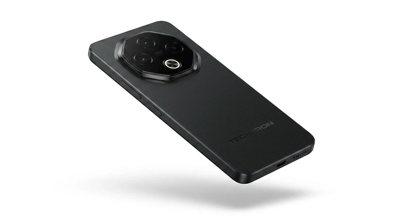 smart tech store Canada. premium tech accessories Canada. Techtron G100 5G 256GB Smart Phone. Gallery image 7. Lines name one specific SKU—never substitute a generic lookalike from the category. After review passes, each render should still read as a fresh studio viewpoint of that same physical unit.
