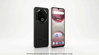 smart tech store Canada. premium tech accessories Canada. Techtron G100 5G 256GB Smart Phone. Gallery image 10. Lines name one specific SKU—never substitute a generic lookalike from the category. After review passes, each render should still read as a fresh studio viewpoint of that same physical unit.