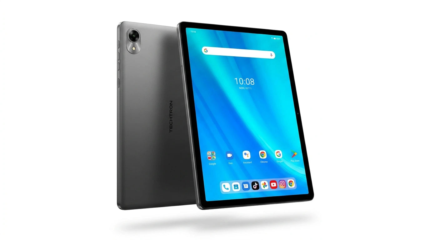 future tech gadgets Canada. smart tech store Canada. Techtron G9 256GB LTE Tablet. Gallery image 7. Lines name one specific SKU—never substitute a generic lookalike from the category. After review passes, each render should still read as a fresh studio viewpoint of that same physical unit.