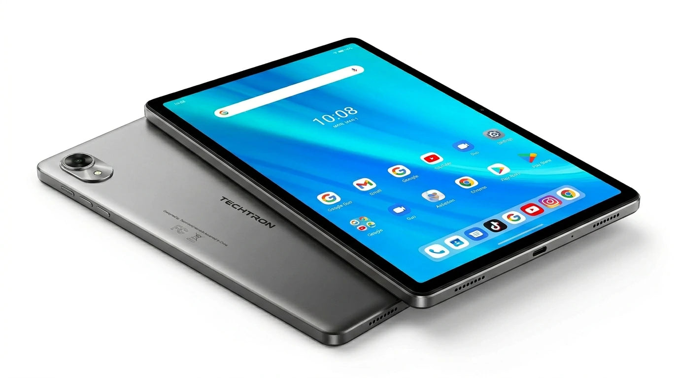 future tech gadgets Canada. smart tech store Canada. Techtron G9 256GB LTE Tablet. Gallery image 8. Lines name one specific SKU—never substitute a generic lookalike from the category. After review passes, each render should still read as a fresh studio viewpoint of that same physical unit.