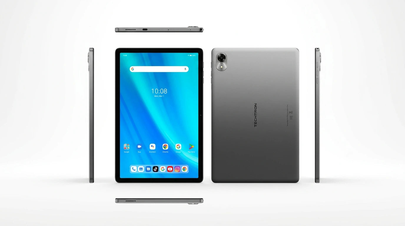 future tech gadgets Canada. smart tech store Canada. Techtron G9 256GB LTE Tablet. Gallery image 10. Lines name one specific SKU—never substitute a generic lookalike from the category. After review passes, each render should still read as a fresh studio viewpoint of that same physical unit.