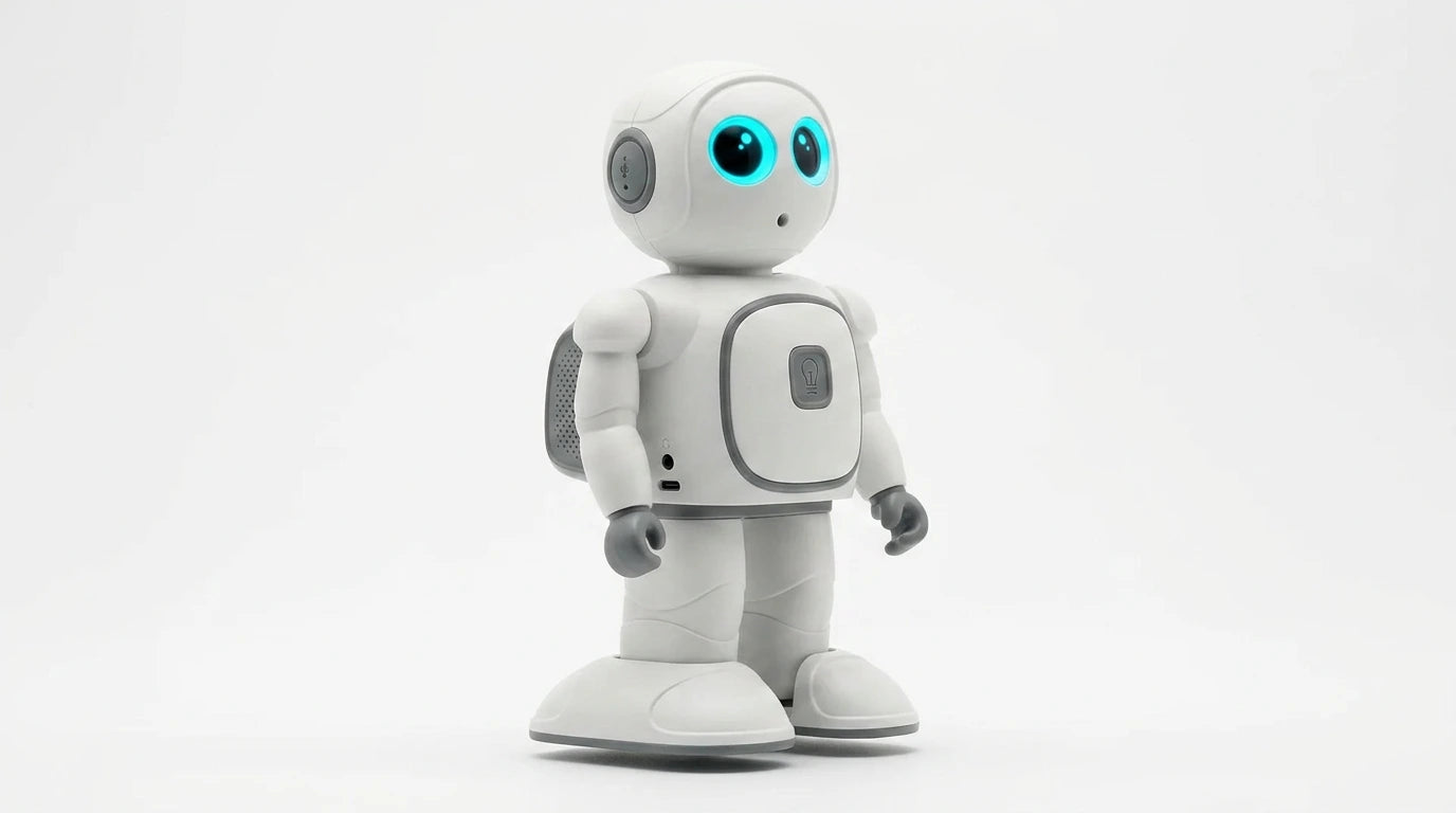 smart tech store Canada. premium tech accessories Canada. Techtron Jarvis AI Programming Educational Robot. Gallery image 7. Lines name one specific SKU—never substitute a generic lookalike from the category. After review passes, each render should still read as a fresh studio viewpoint of that same physical unit.