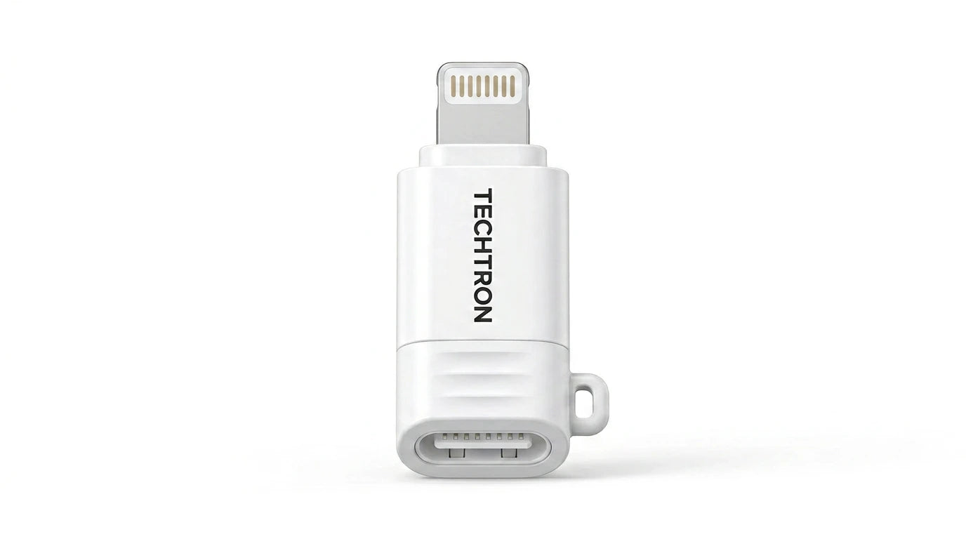 future tech gadgets Canada. premium tech accessories Canada. Techtron Lightning to USB C Mini Adapter. Gallery image 2. Lines name one specific SKU—never substitute a generic lookalike from the category. After review passes, each render should still read as a fresh studio viewpoint of that same physical unit.