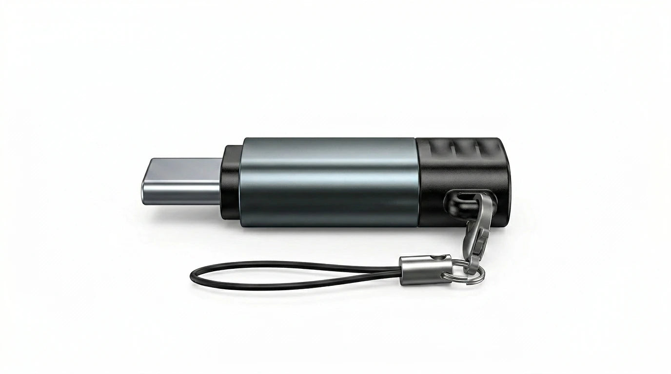 future tech gadgets Canada. premium tech accessories Canada. Techtron Lightning to USB C Mini Adapter. Gallery image 3. Lines name one specific SKU—never substitute a generic lookalike from the category. After review passes, each render should still read as a fresh studio viewpoint of that same physical unit.