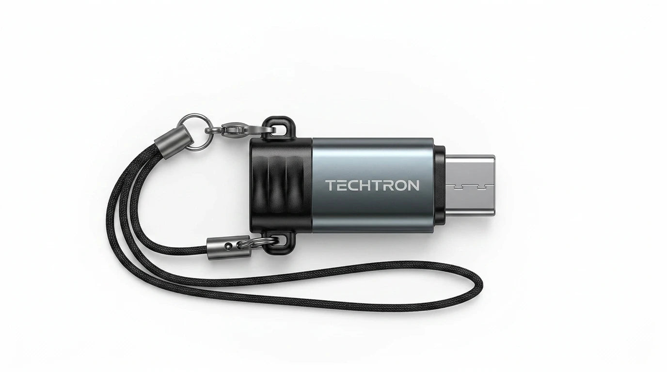 future tech gadgets Canada. premium tech accessories Canada. Techtron Lightning to USB C Mini Adapter. Gallery image 4. Lines name one specific SKU—never substitute a generic lookalike from the category. After review passes, each render should still read as a fresh studio viewpoint of that same physical unit.