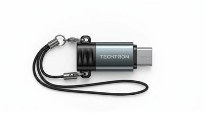 future tech gadgets Canada. premium tech accessories Canada. Techtron Lightning to USB C Mini Adapter. Gallery image 4. Lines name one specific SKU—never substitute a generic lookalike from the category. After review passes, each render should still read as a fresh studio viewpoint of that same physical unit.