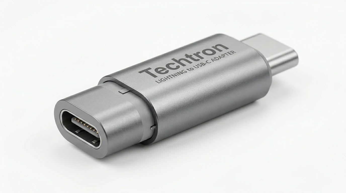 future tech gadgets Canada. premium tech accessories Canada. Techtron Lightning to USB C Mini Adapter. Gallery image 5. Lines name one specific SKU—never substitute a generic lookalike from the category. After review passes, each render should still read as a fresh studio viewpoint of that same physical unit.