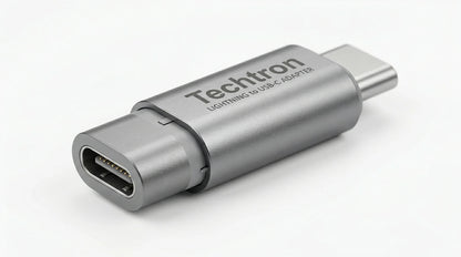 future tech gadgets Canada. premium tech accessories Canada. Techtron Lightning to USB C Mini Adapter. Gallery image 5. Lines name one specific SKU—never substitute a generic lookalike from the category. After review passes, each render should still read as a fresh studio viewpoint of that same physical unit.