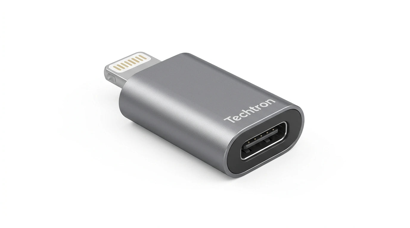 future tech gadgets Canada. premium tech accessories Canada. Techtron Lightning to USB C Mini Adapter. Gallery image 6. Lines name one specific SKU—never substitute a generic lookalike from the category. After review passes, each render should still read as a fresh studio viewpoint of that same physical unit.