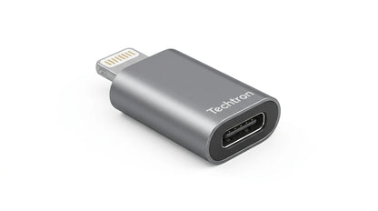 future tech gadgets Canada. premium tech accessories Canada. Techtron Lightning to USB C Mini Adapter. Gallery image 6. Lines name one specific SKU—never substitute a generic lookalike from the category. After review passes, each render should still read as a fresh studio viewpoint of that same physical unit.