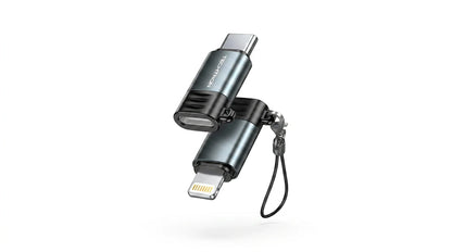 future tech gadgets Canada. premium tech accessories Canada. Techtron Lightning to USB C Mini Adapter. Gallery image 7. Lines name one specific SKU—never substitute a generic lookalike from the category. After review passes, each render should still read as a fresh studio viewpoint of that same physical unit.