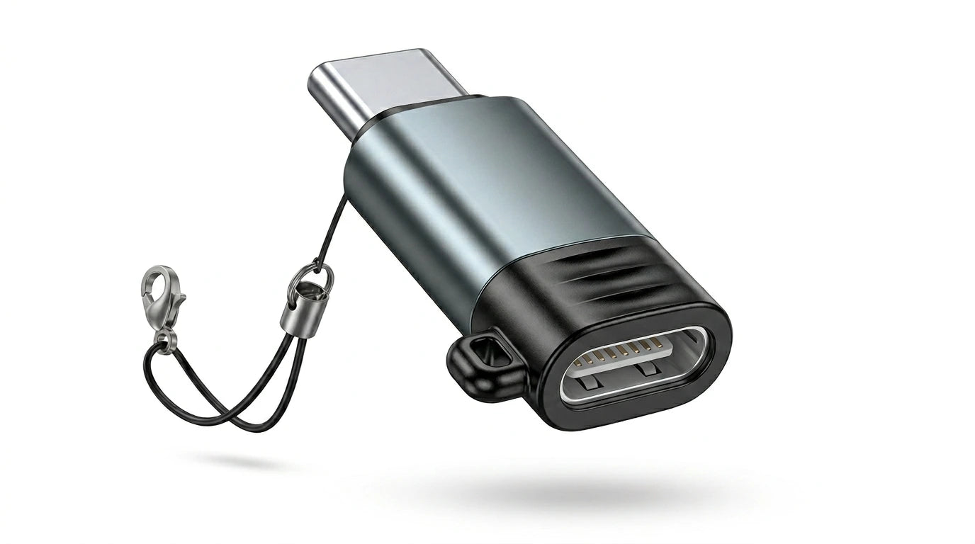 future tech gadgets Canada. premium tech accessories Canada. Techtron Lightning to USB C Mini Adapter. Gallery image 8. Lines name one specific SKU—never substitute a generic lookalike from the category. After review passes, each render should still read as a fresh studio viewpoint of that same physical unit.