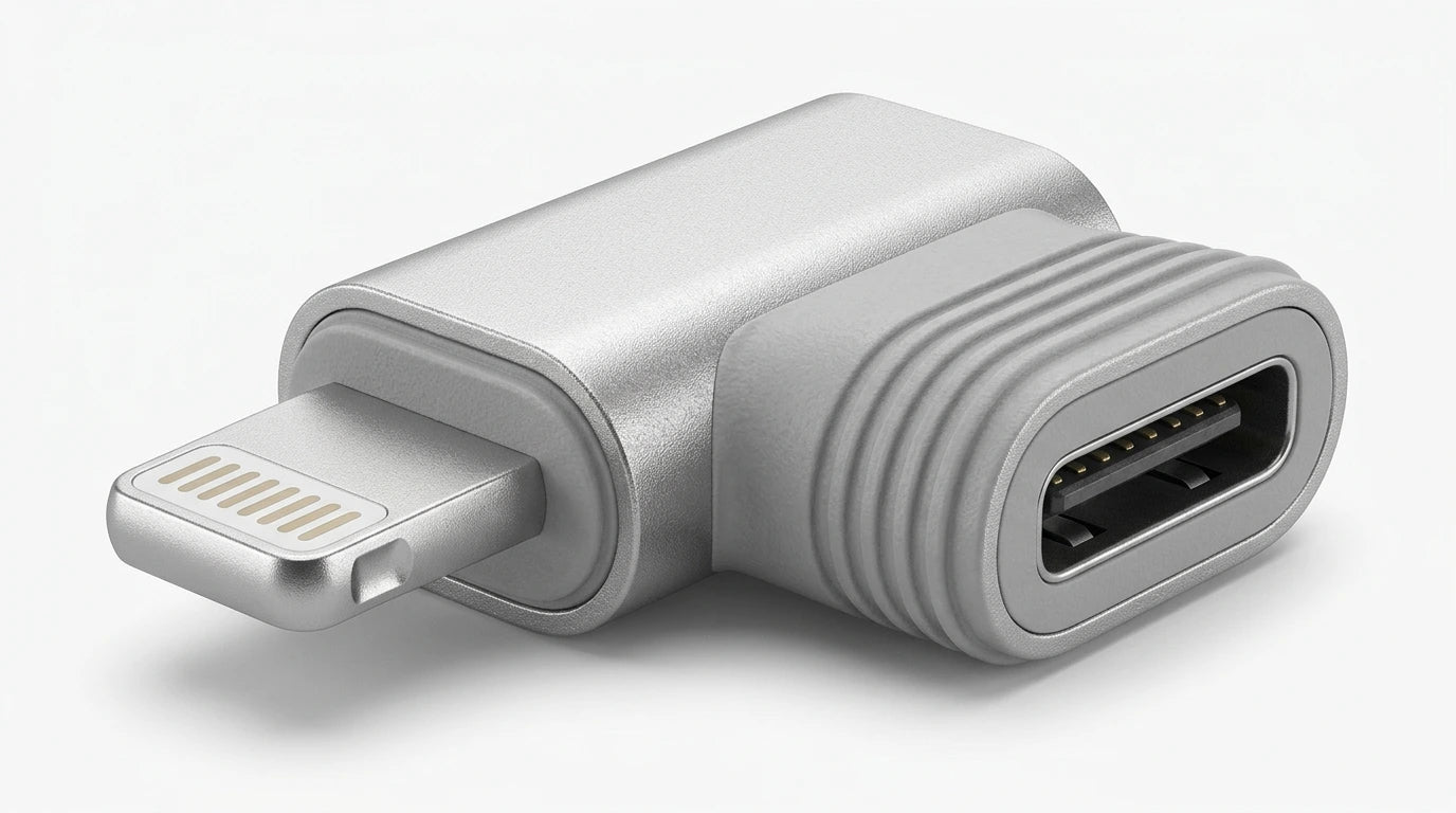 future tech gadgets Canada. premium tech accessories Canada. Techtron Lightning to USB C Mini Adapter. Gallery image 9. Lines name one specific SKU—never substitute a generic lookalike from the category. After review passes, each render should still read as a fresh studio viewpoint of that same physical unit.