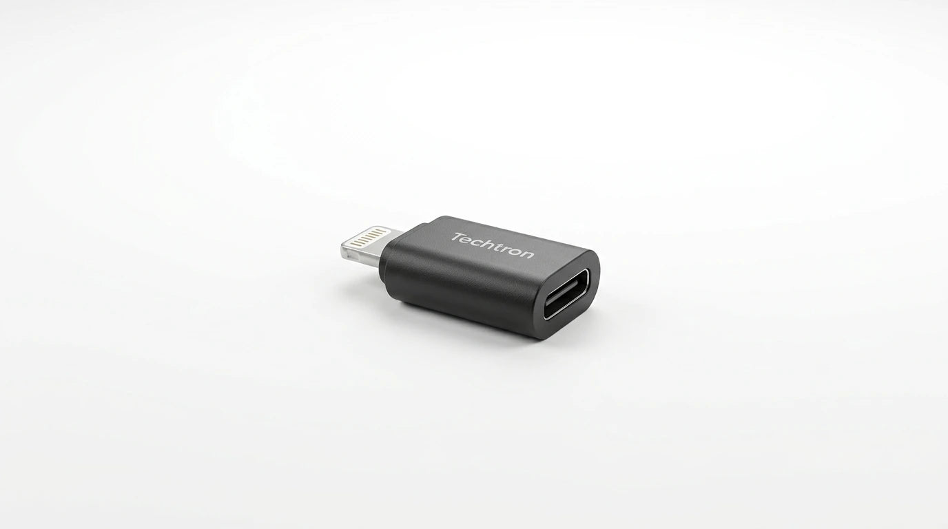 future tech gadgets Canada. premium tech accessories Canada. Techtron Lightning to USB C Mini Adapter. Gallery image 10. Lines name one specific SKU—never substitute a generic lookalike from the category. After review passes, each render should still read as a fresh studio viewpoint of that same physical unit.
