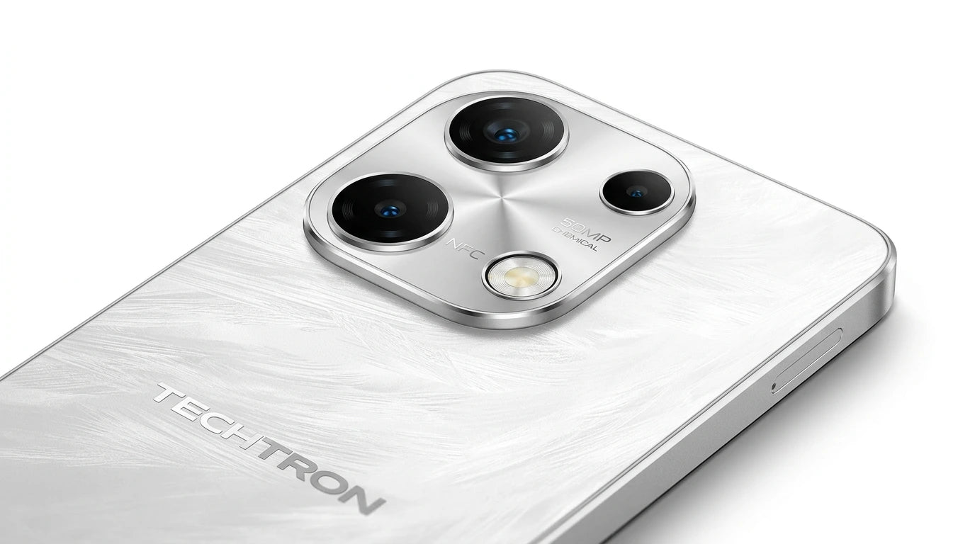 future tech gadgets Canada. smart tech store Canada. Techtron Note 100 128GB Smart Phone. Gallery image 9. Lines name one specific SKU—never substitute a generic lookalike from the category. After review passes, each render should still read as a fresh studio viewpoint of that same physical unit.