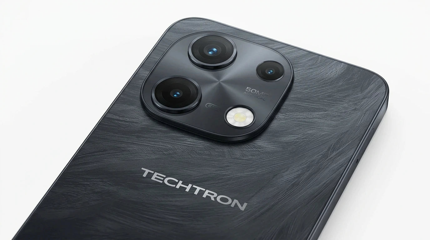 smart tech store Canada. next gen electronics shop. Techtron Note 100 5G 256GB Smart Phone. Gallery image 9. Lines name one specific SKU—never substitute a generic lookalike from the category. After review passes, each render should still read as a fresh studio viewpoint of that same physical unit.